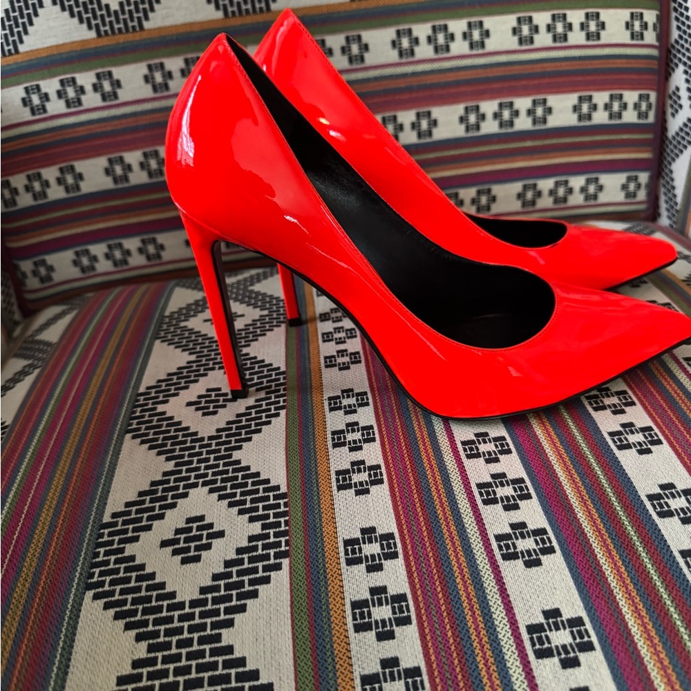 Saint Laurent Glossy Patent Leather Red Orange Heels 40Europe 9.5 US - Picture 6 of 16